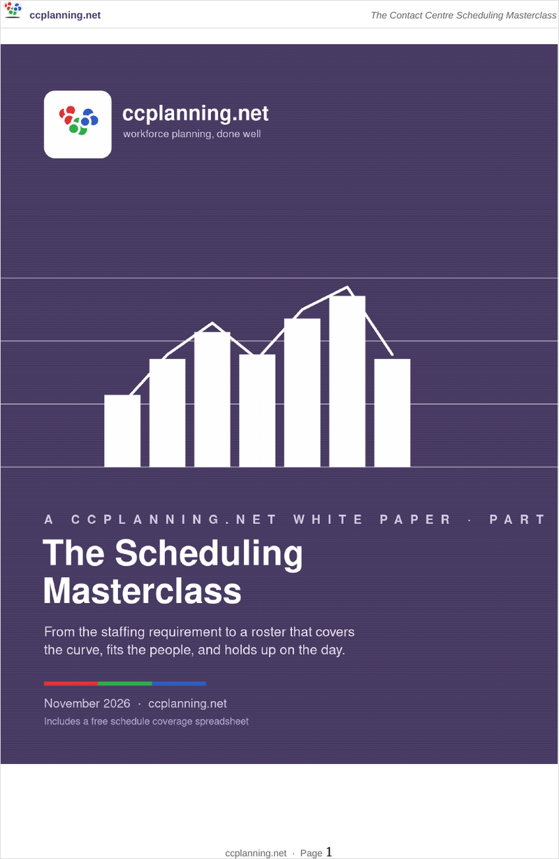 Cover of the ccplanning.net white paper: The Contact Centre Scheduling Masterclass